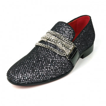 Fiesso FI-7528 Black Silver Slip on With Silver Chain Encore Loafers