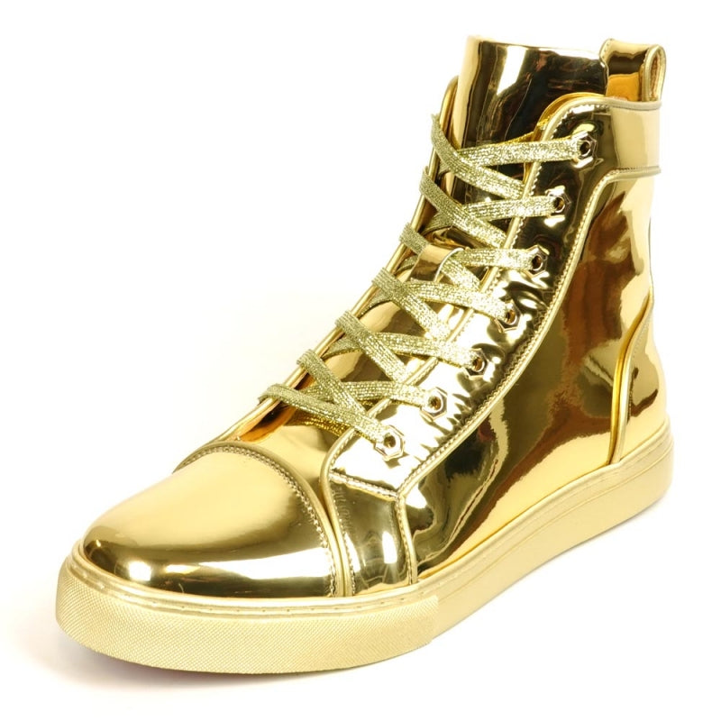 Fiesso FI-2416 Gold Patent Leather High Top Sneakers