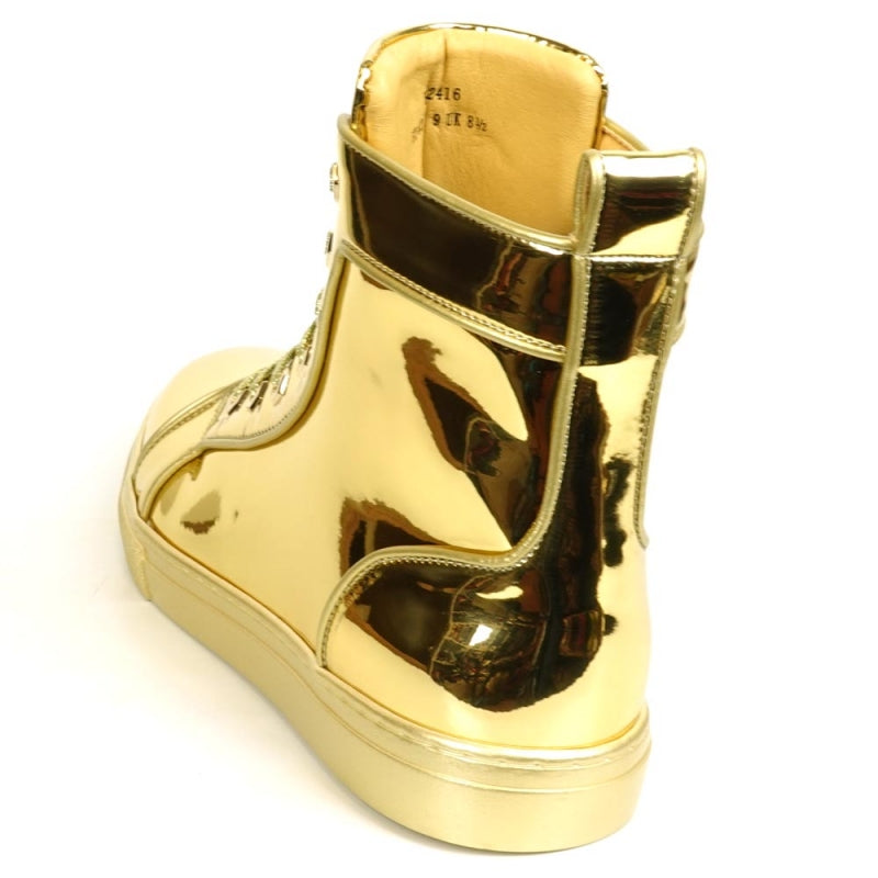 Fiesso FI-2416 Gold Patent Leather High Top Sneakers