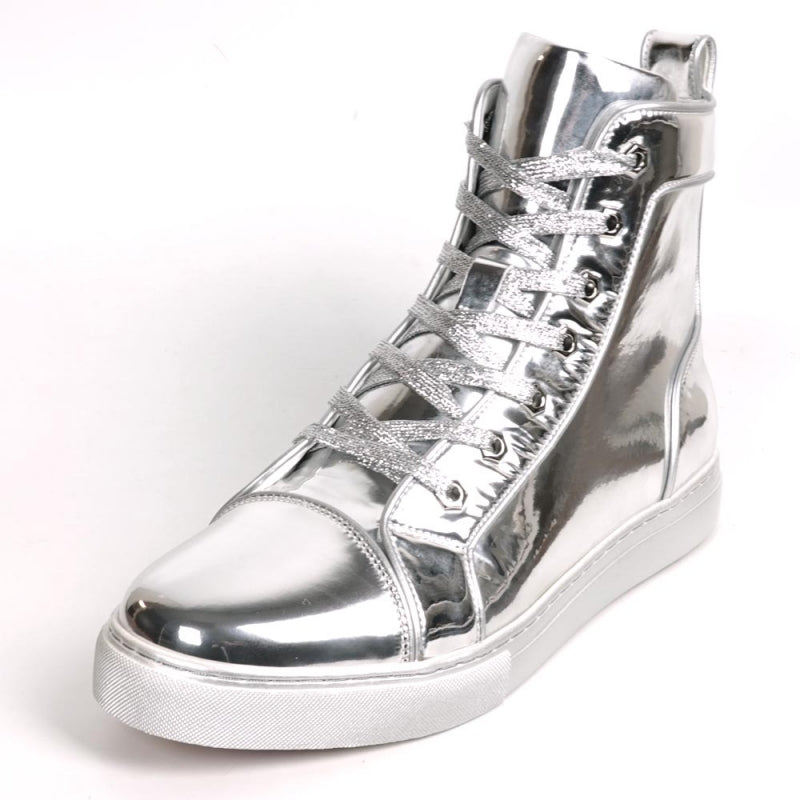 Fiesso FI-2416 Silver Patent Leather High Top Sneakers