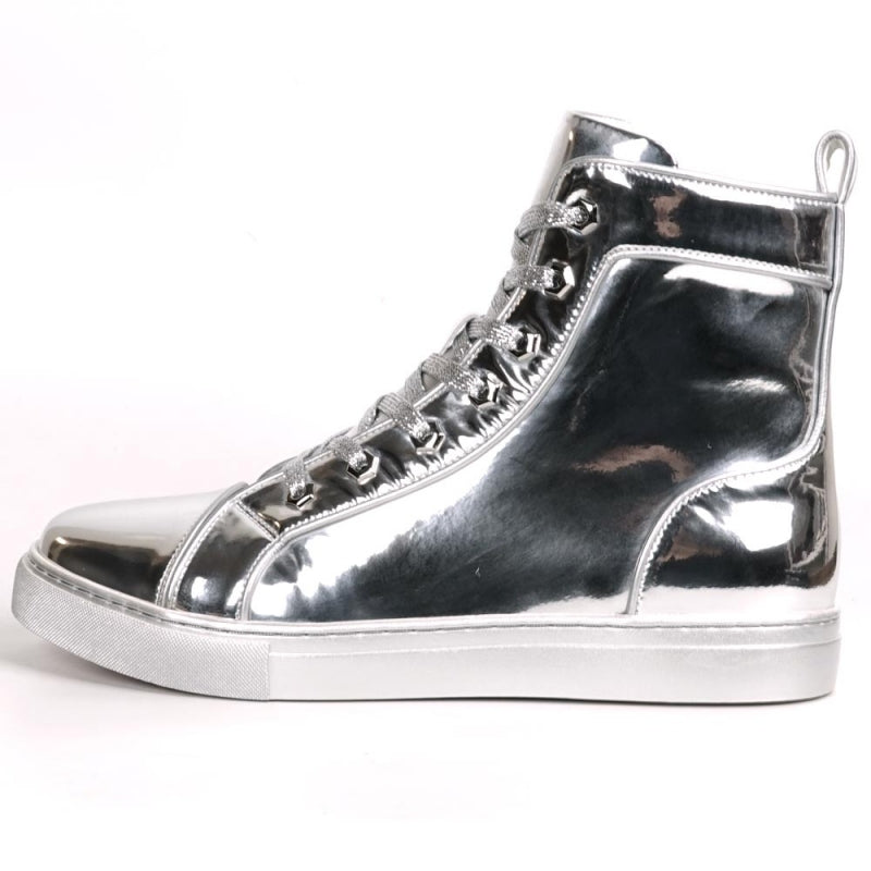 Fiesso FI-2416 Silver Patent Leather High Top Sneakers