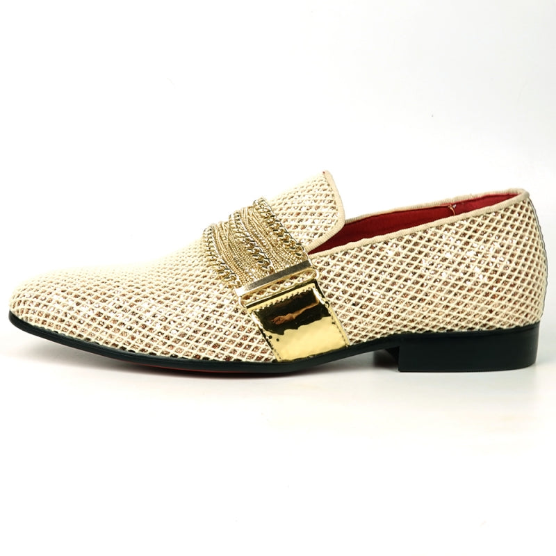 Fiesso FI-7528 White Gold Slip on With Silver Chain Encore Loafers