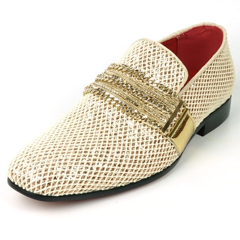 Fiesso FI-7528 White Gold Slip on With Silver Chain Encore Loafers