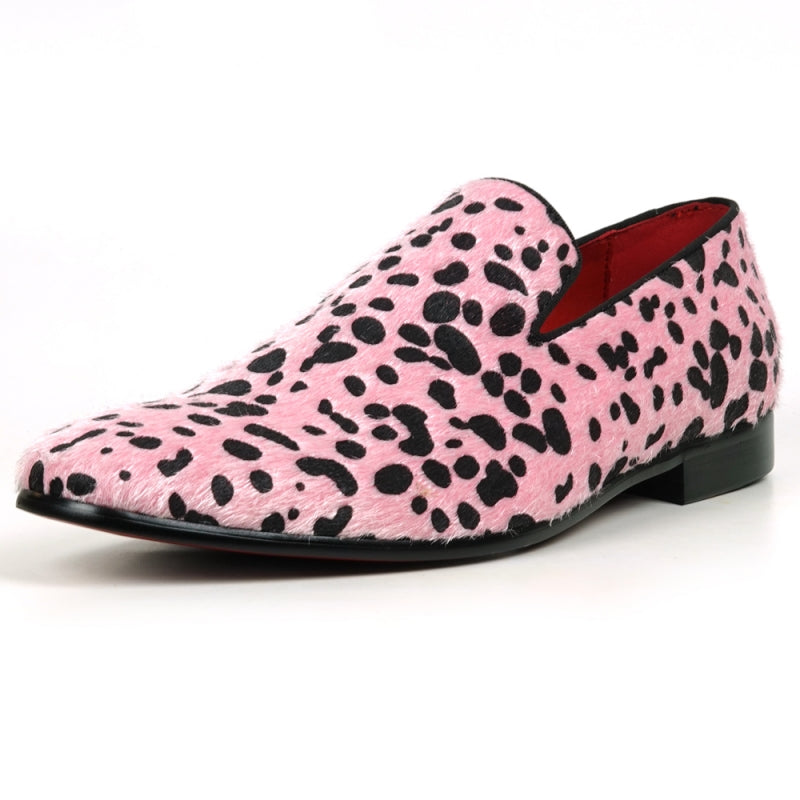 Fiesso FI-7532 Black Pink Leopard Print Pony Hair Slip On Loafers