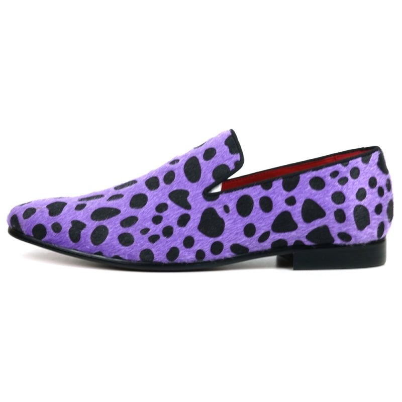 Fiesso FI-7532 Black Purple Leopard Print Pony Hair Slip On Loafers