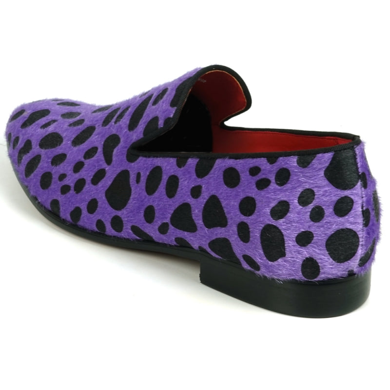 Fiesso FI-7532 Black Purple Leopard Print Pony Hair Slip On Loafers