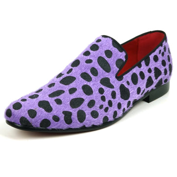 Fiesso FI-7532 Black Purple Leopard Print Pony Hair Slip On Loafers