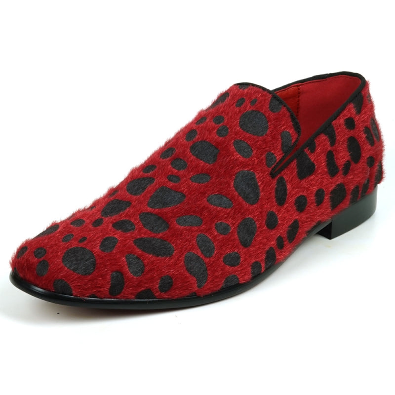 Fiesso FI-7532 Black Red Leopard Print Pony Hair Slip On Loafers