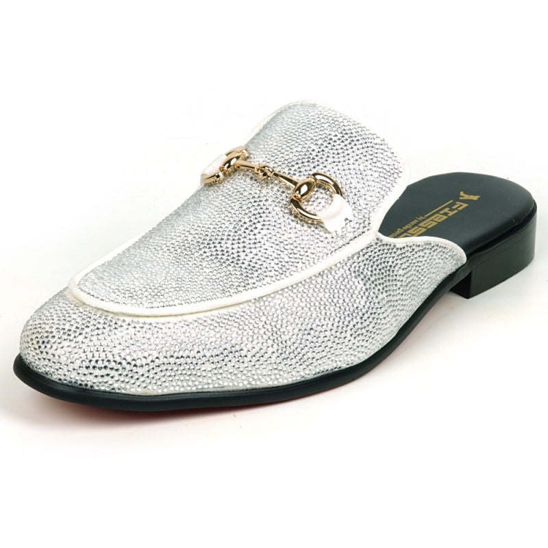 Fiesso FI-7551 White Suede White Rhinestones Gold Ornament Sandals