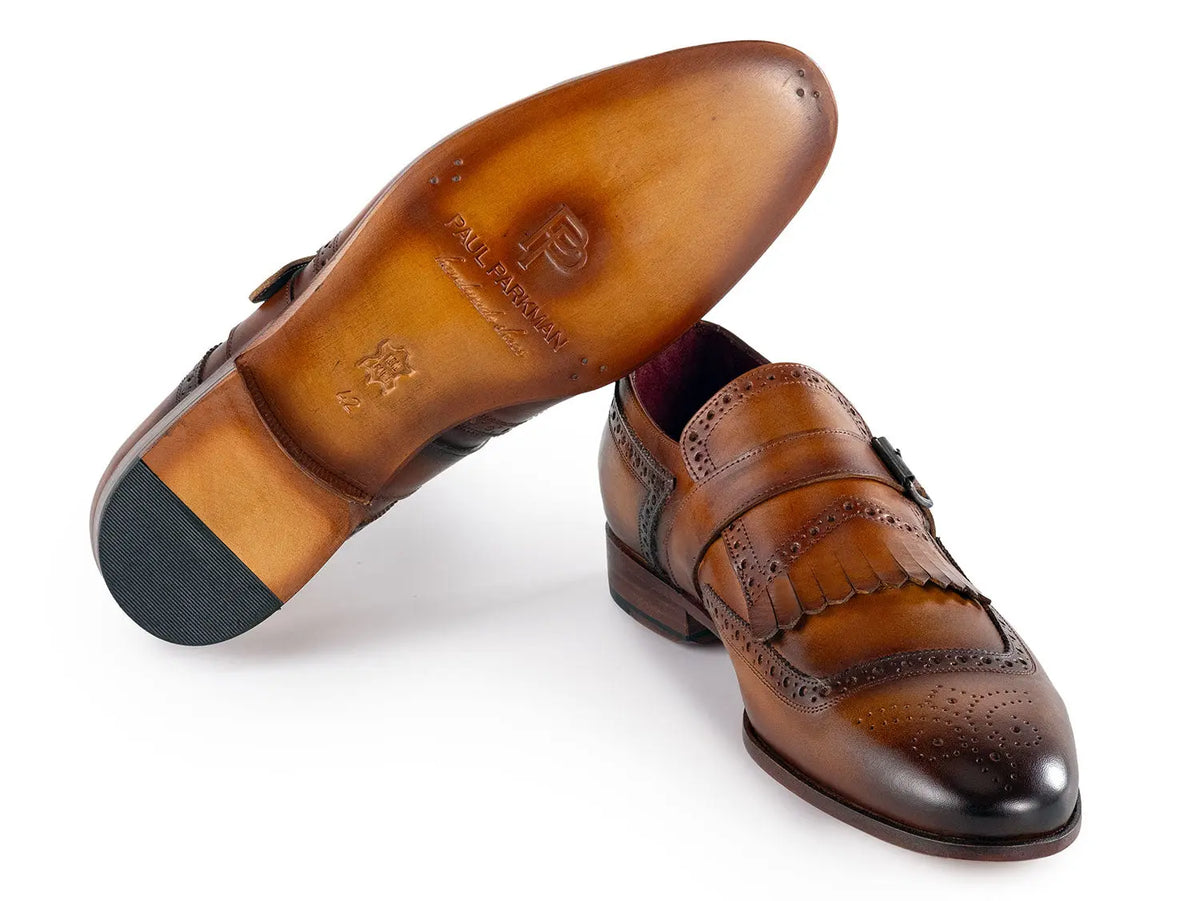 Paul Parkman Men's Brown Genuine Leather Kiltie Monk strap Shoes (ID#12BR95) PAUL PARKMAN