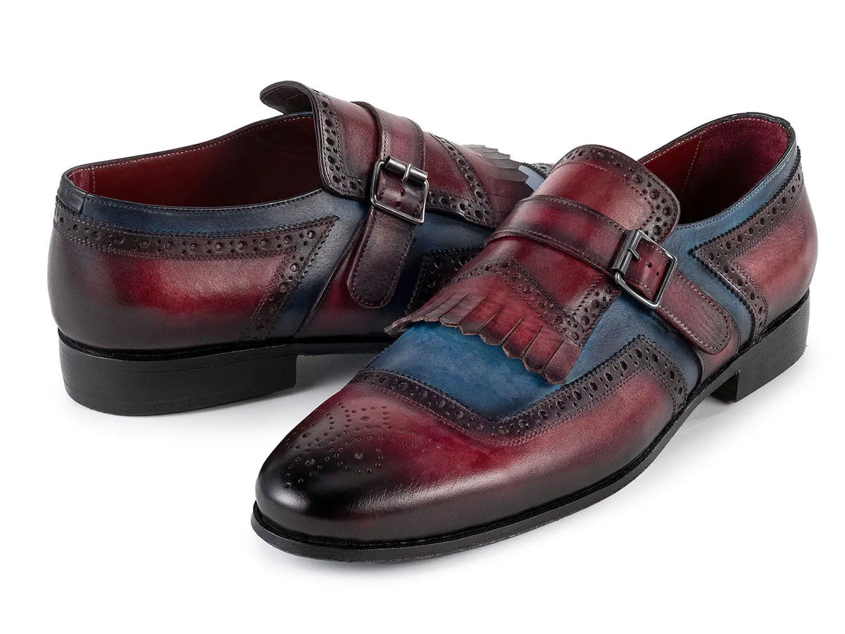 Paul Parkman Men's Blue/Burgundy Kiltie Genuine Leather Monk strap Shoes (ID#12MV62) PAUL PARKMAN