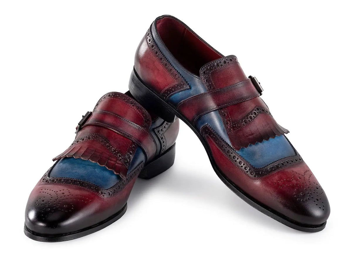 Paul Parkman Men's Blue/Burgundy Kiltie Genuine Leather Monk strap Shoes (ID#12MV62) PAUL PARKMAN