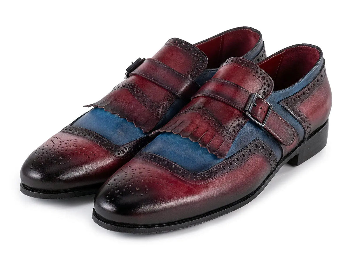 Paul Parkman Men's Blue/Burgundy Kiltie Genuine Leather Monk strap Shoes (ID#12MV62) PAUL PARKMAN