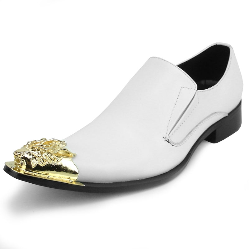 Fiesso FI-6909 White Leather Gold Metal Tip Loafers