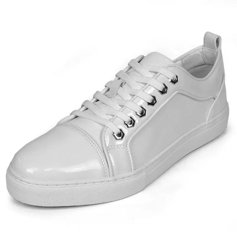 Fiesso FI-2415-2 White Patent Lace up Low Cut Leather Sneakers Suit Essence