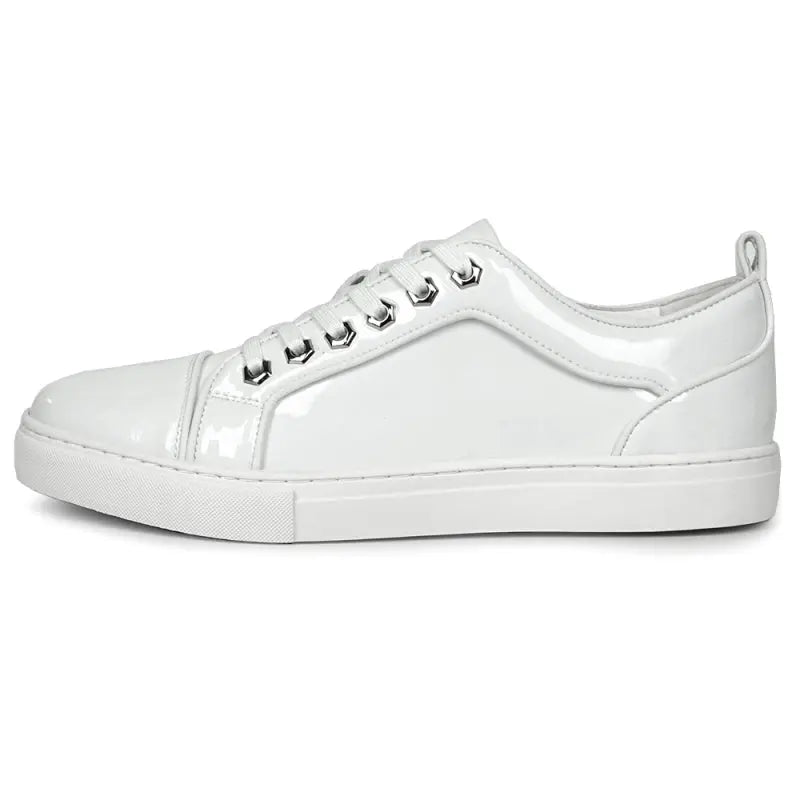 Fiesso FI-2415-2 White Patent Lace up Low Cut Leather Sneakers Suit Essence