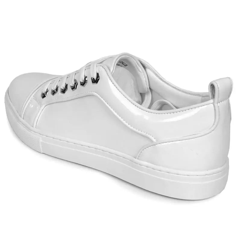 Fiesso FI-2415-2 White Patent Lace up Low Cut Leather Sneakers Suit Essence