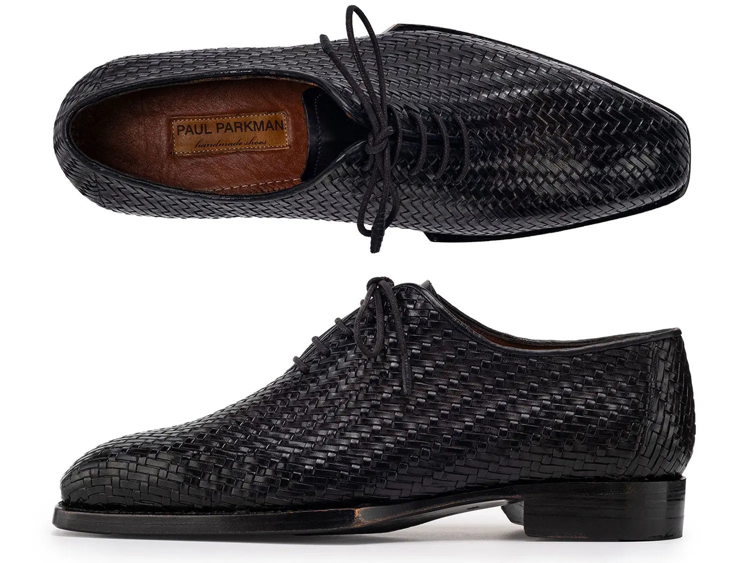 Paul Parkman Men's Black Woven Genuine Leather Hand-Welted Oxfords (ID#144WN72) PAUL PARKMAN