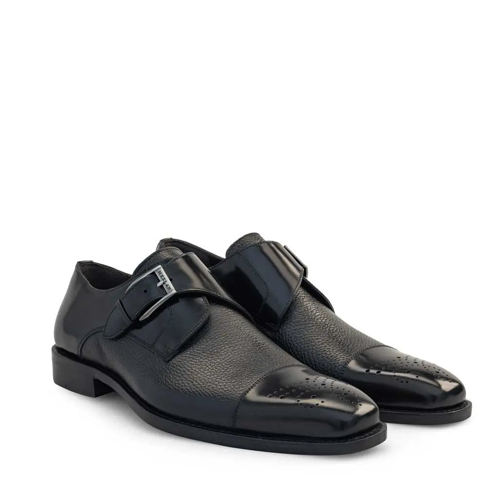 Mezlan Phoenix 16505 Black Genuine Leather Cap Toe Monk Strap Shoes