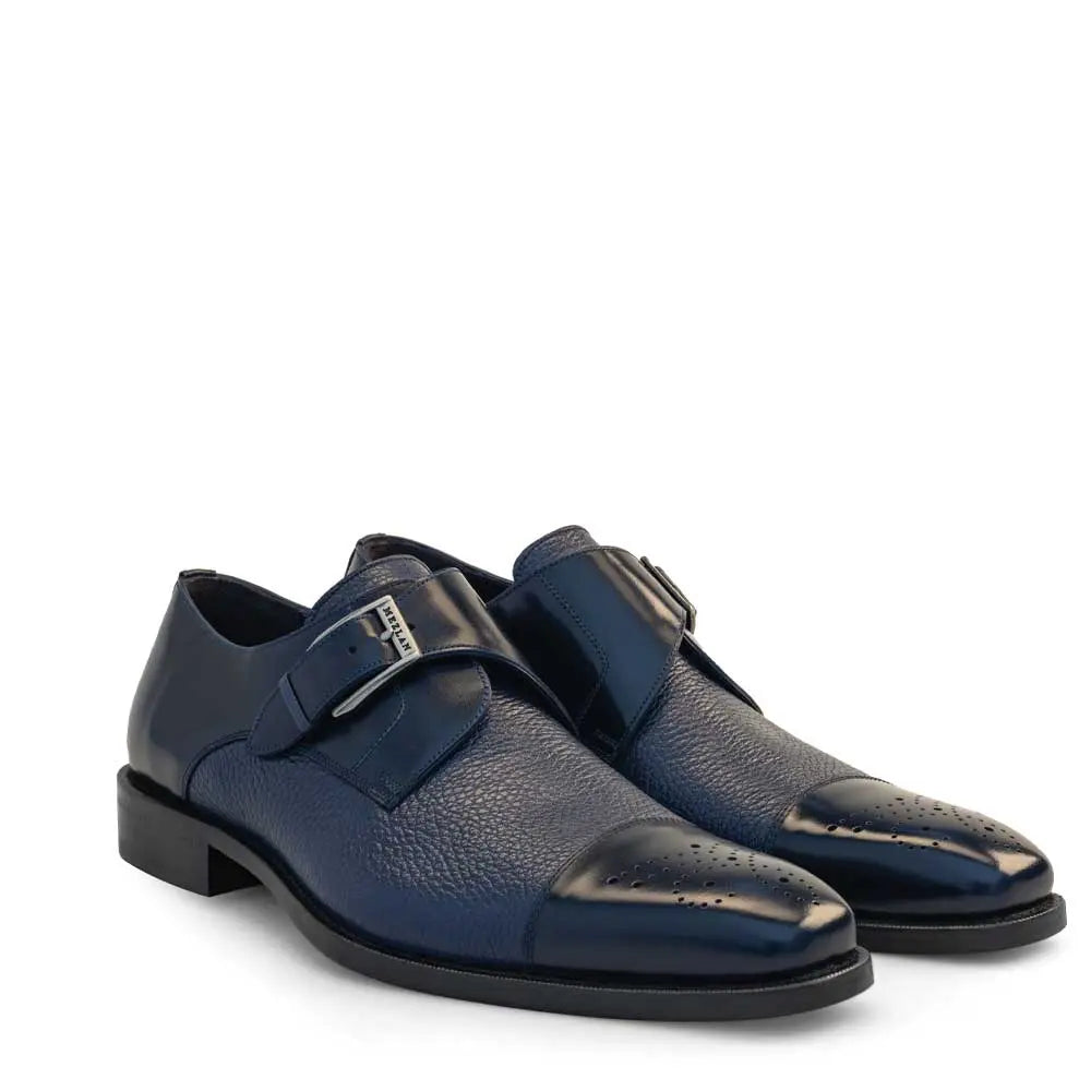 Mezlan Phoenix 16505 Blue Genuine Leather Cap Toe Monk Strap Shoes