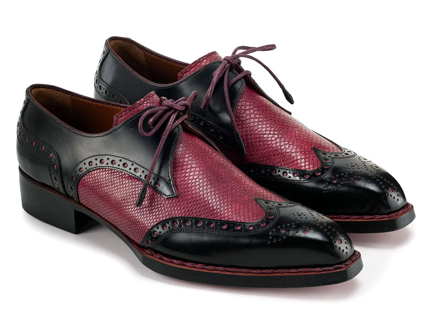 Paul Parkman Men's Black/Red Hand-Welted Genuine Leather Wingtip Derby Shoes (ID#170KRBRD) PAUL PARKMAN