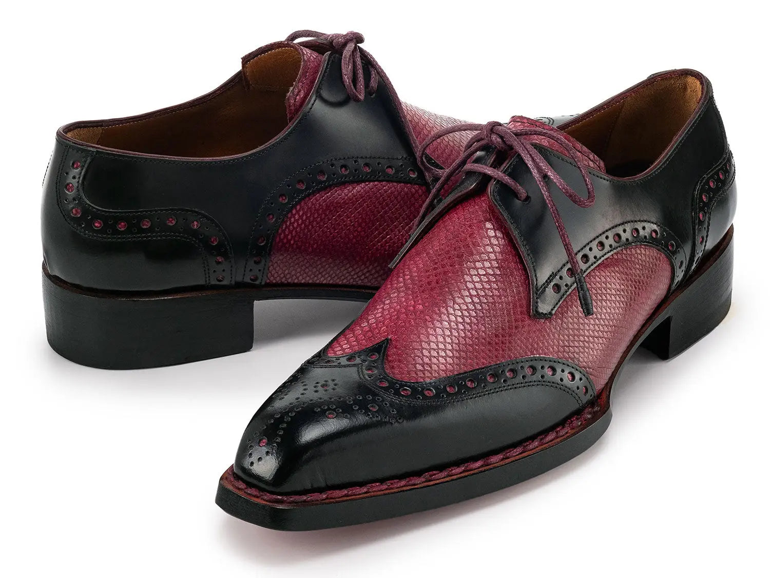 Paul Parkman Men's Black/Red Hand-Welted Genuine Leather Wingtip Derby Shoes (ID#170KRBRD) PAUL PARKMAN