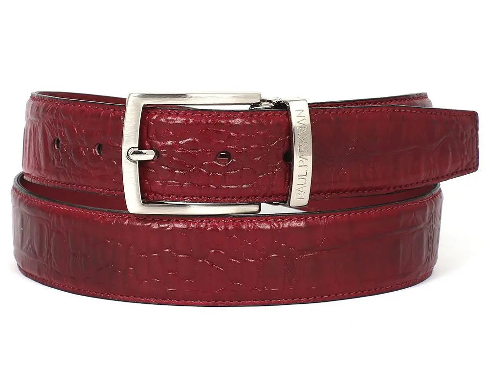 Paul Parkman Men's Burgundy Crocodile Textured Genuine Leather Belt (ID#B02-BUR) PAUL PARKMAN