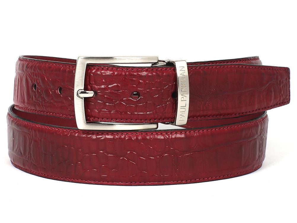 PAUL PARKMAN Men's Croc Embossed Calfskin Belt Burgundy (ID#B02-BUR)