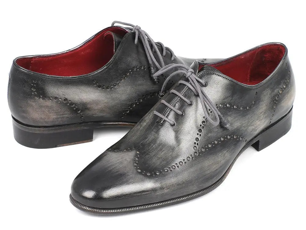 Paul Parkman Men's Gray/Black Handpainted Calfskin Wingtip Oxfords (ID#741-GRY) PAUL PARKMAN