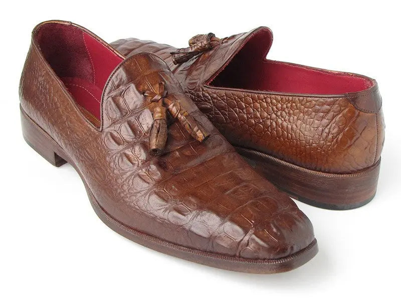 Paul Parkman Men's Brown Crocodile Embossed Calfskin Tassel Loafers (ID#PP2281-BRW) PAUL PARKMAN