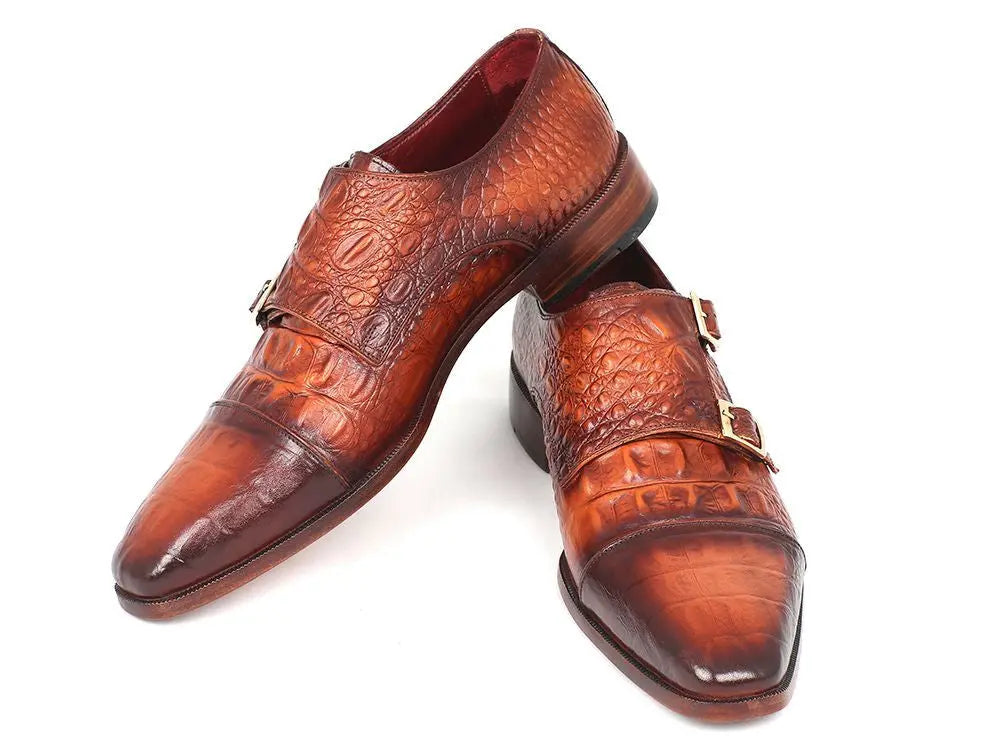 Paul Parkman Men's Brown Embossed Calfskin Double Monk strap Shoes (ID#PP2280) PAUL PARKMAN