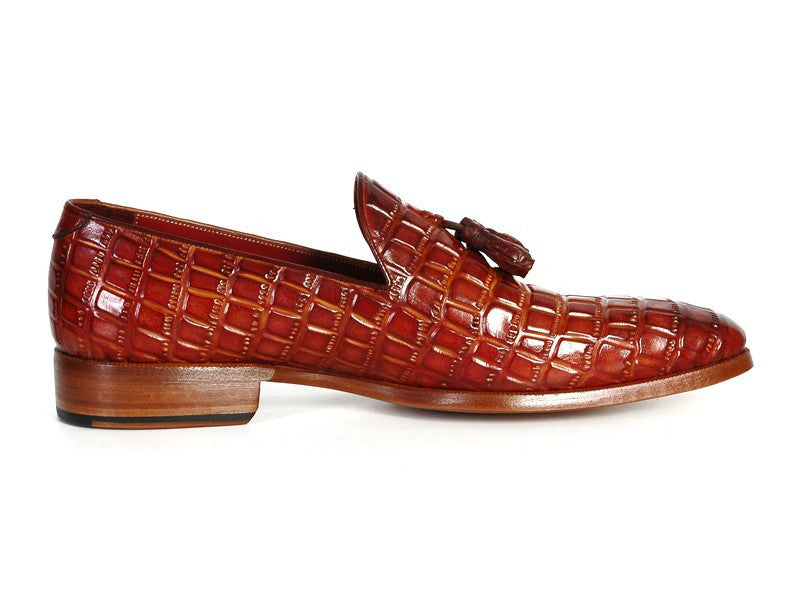 Paul Parkman Men's Reddish Camel Crocodile Embossed Calfskin Tassel Loafer (ID#0823-RDSH) PAUL PARKMAN