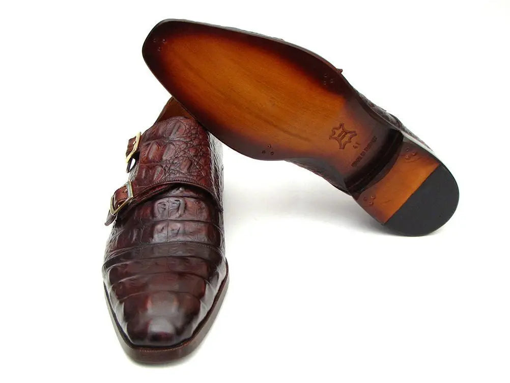 Paul Parkman Men's Brown/Bordeaux Crocodile Embossed Calfskin Double Monk strap Shoes (ID#045FG12) PAUL PARKMAN