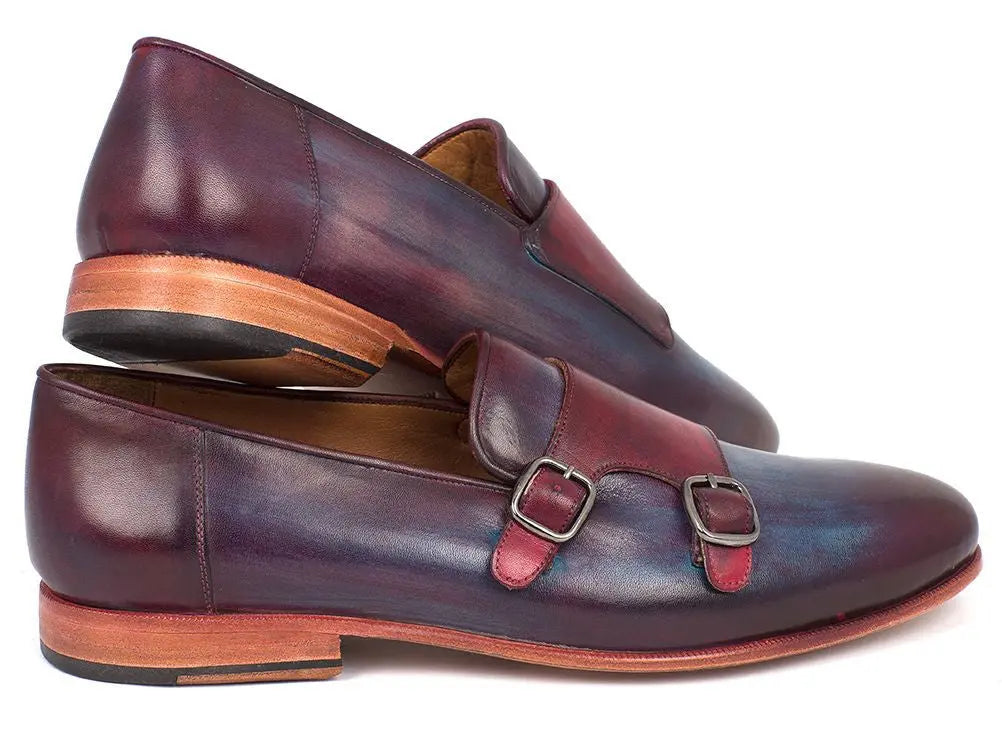 Paul Parkman Men's Bordeaux/Navy Hand-Painted Calfskin Double Monk strap Shoes (ID#HR65CX) PAUL PARKMAN