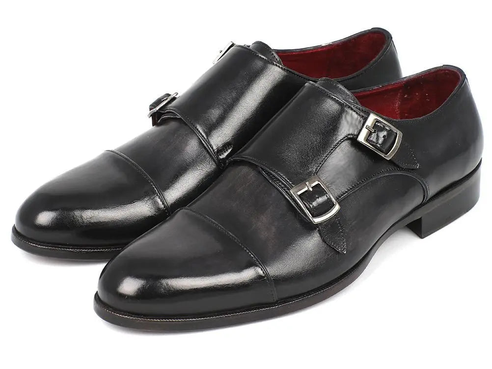 Paul Parkman Men's Gray/Black Cap-Toe Double Monk strap Shoes (ID#0457-GRY) PAUL PARKMAN