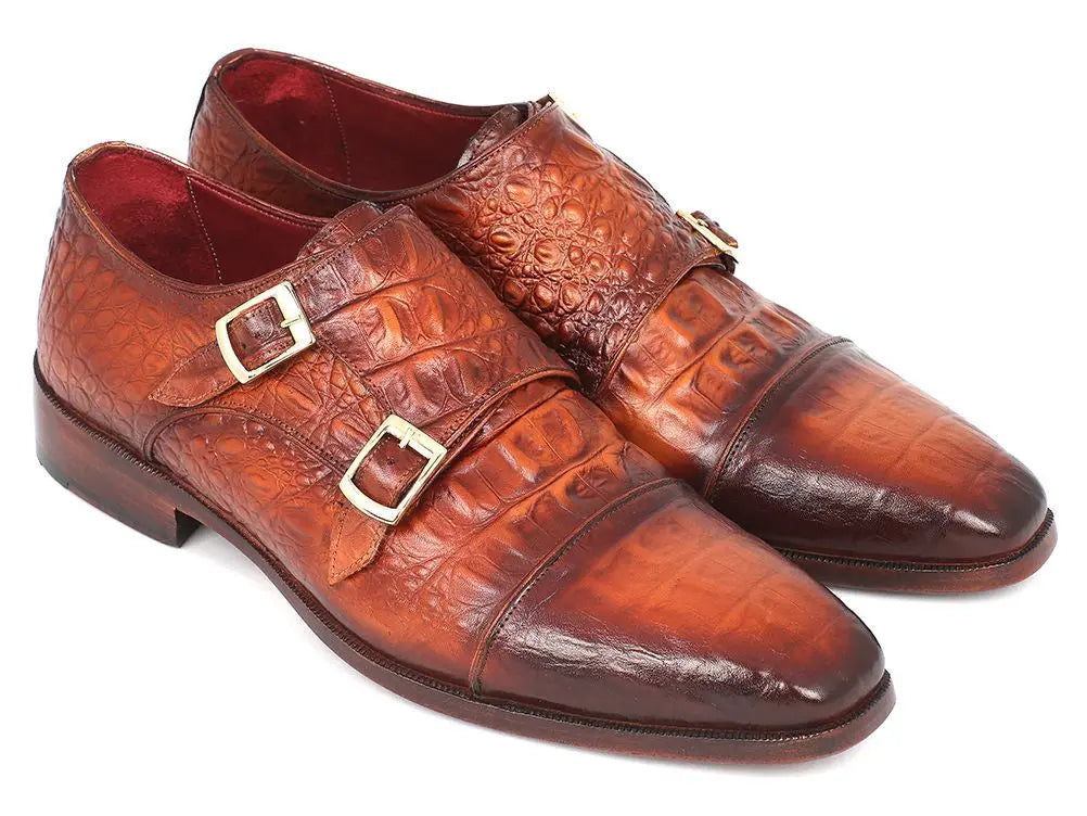 Paul Parkman Men's Brown Embossed Calfskin Double Monk strap Shoes (ID#PP2280) PAUL PARKMAN