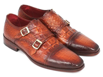 Paul Parkman Men's Brown Embossed Calfskin Double Monk strap Shoes (ID#PP2280) PAUL PARKMAN