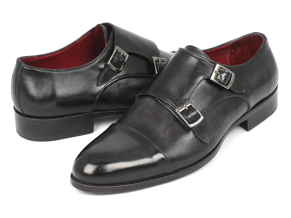 Paul Parkman Men's Gray/Black Cap-Toe Double Monk strap Shoes (ID#0457-GRY) PAUL PARKMAN