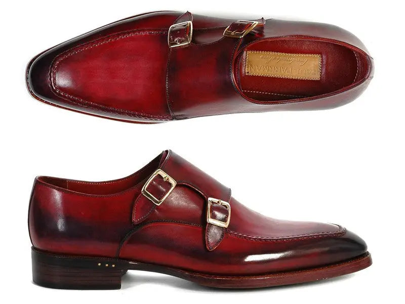 Paul Parkman Men's Black/Bordeaux Goodyear Welted Double Monk strap Shoes (ID#PP3851) PAUL PARKMAN
