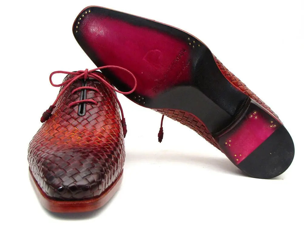 Paul Parkman Men's Bordeaux/Tobacco Woven Genuine Leather Oxfords (ID#54HK42) PAUL PARKMAN