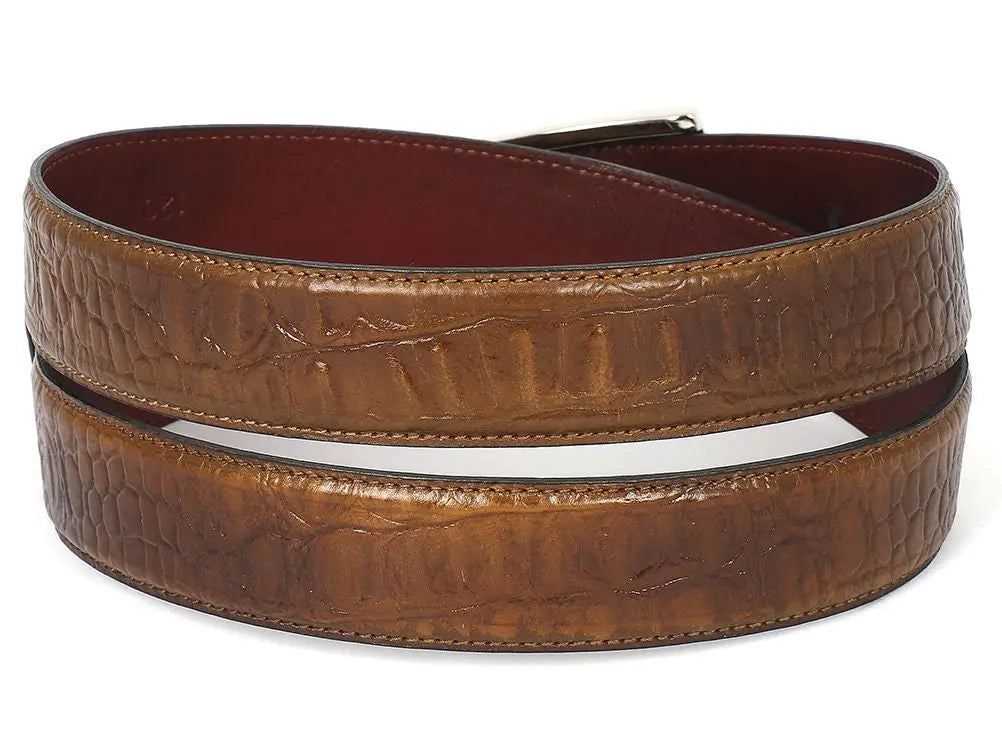 Paul Parkman Men's Olive Crocodile Textured Genuine Leather Belt (ID#B02-OLV) PAUL PARKMAN