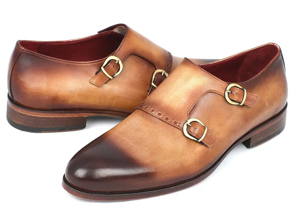 Paul Parkman Men's Two Tone Brown/Camel Genuine Leather Double Monk strap Shoes (ID#HT54-CML) PAUL PARKMAN