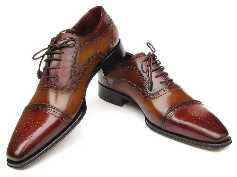 Paul Parkman Men's Camel/Red Hand-Painted Genuine Leather Cap Toe Oxfords (ID#024-CML-BRD) PAUL PARKMAN
