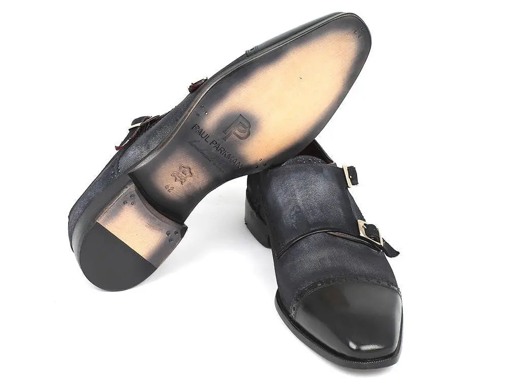 Paul Parkman Men's Navy Suede Cap Toe Double Monk strap Shoes (ID#FK77W) PAUL PARKMAN