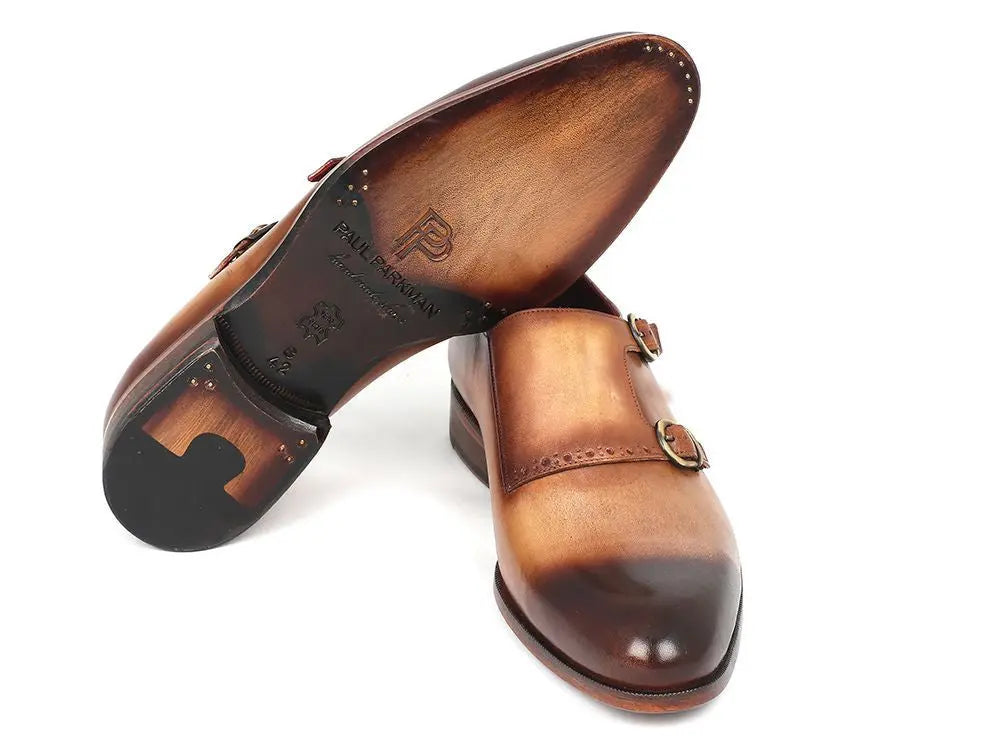Paul Parkman Men's Two Tone Brown/Camel Genuine Leather Double Monk strap Shoes (ID#HT54-CML) PAUL PARKMAN