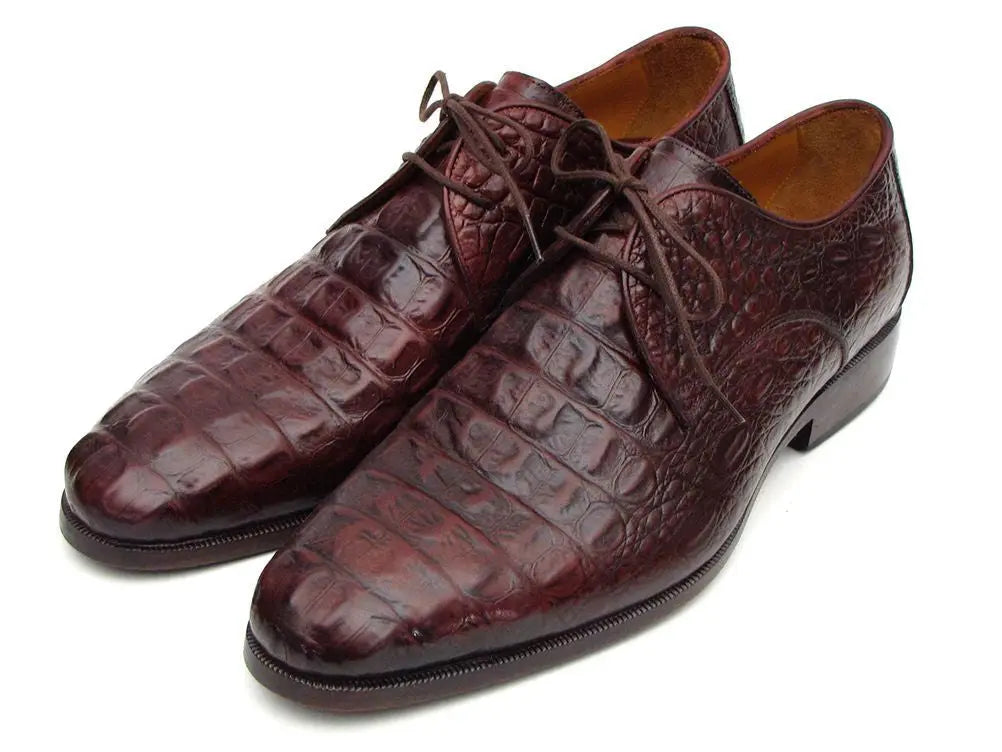 Paul Parkman Men's Brown/Bordeaux Crocodile Embossed Calfskin Genuine Leather Derby Shoes (ID#1438BRD) PAUL PARKMAN