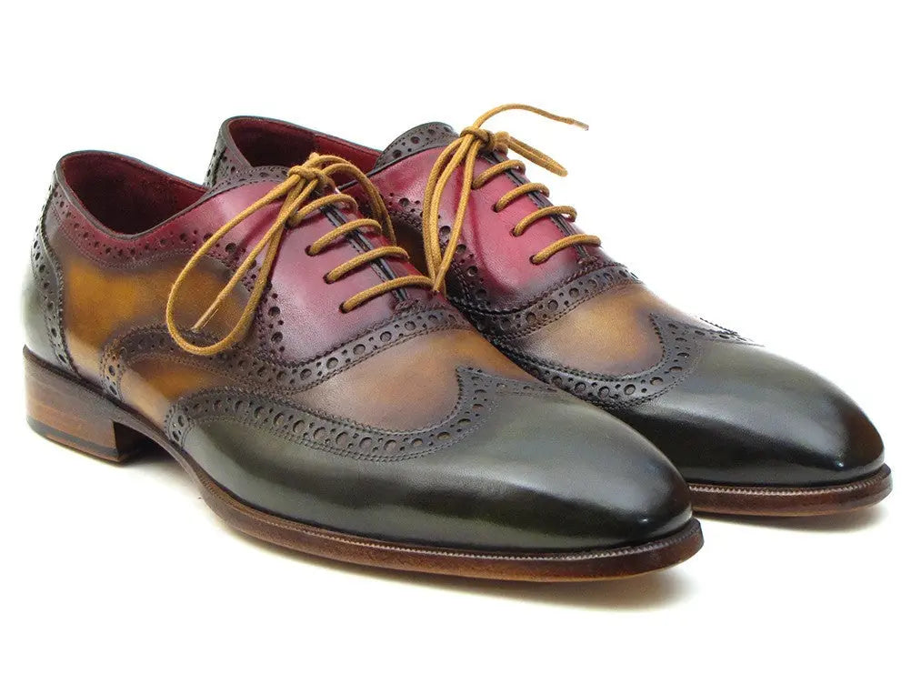 Paul Parkman Men's Three Tone Green/Camel/Bordeaux Wingtip Oxfords (ID#PP22F75) PAUL PARKMAN