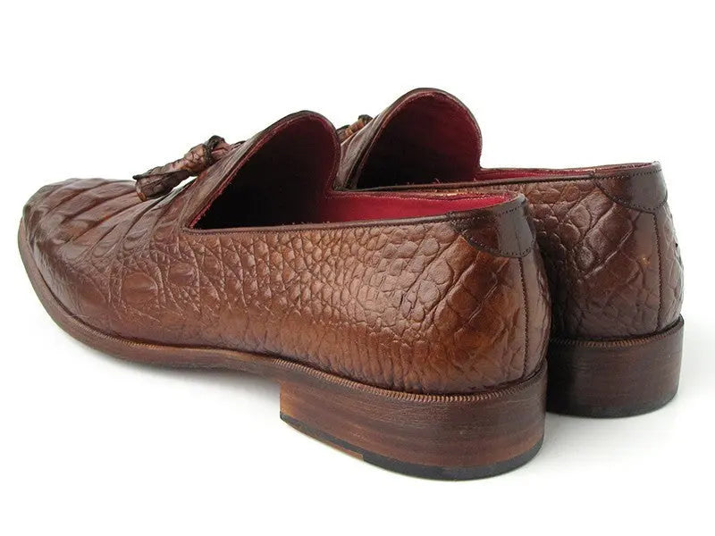 Paul Parkman Men's Brown Crocodile Embossed Calfskin Tassel Loafers (ID#PP2281-BRW) PAUL PARKMAN