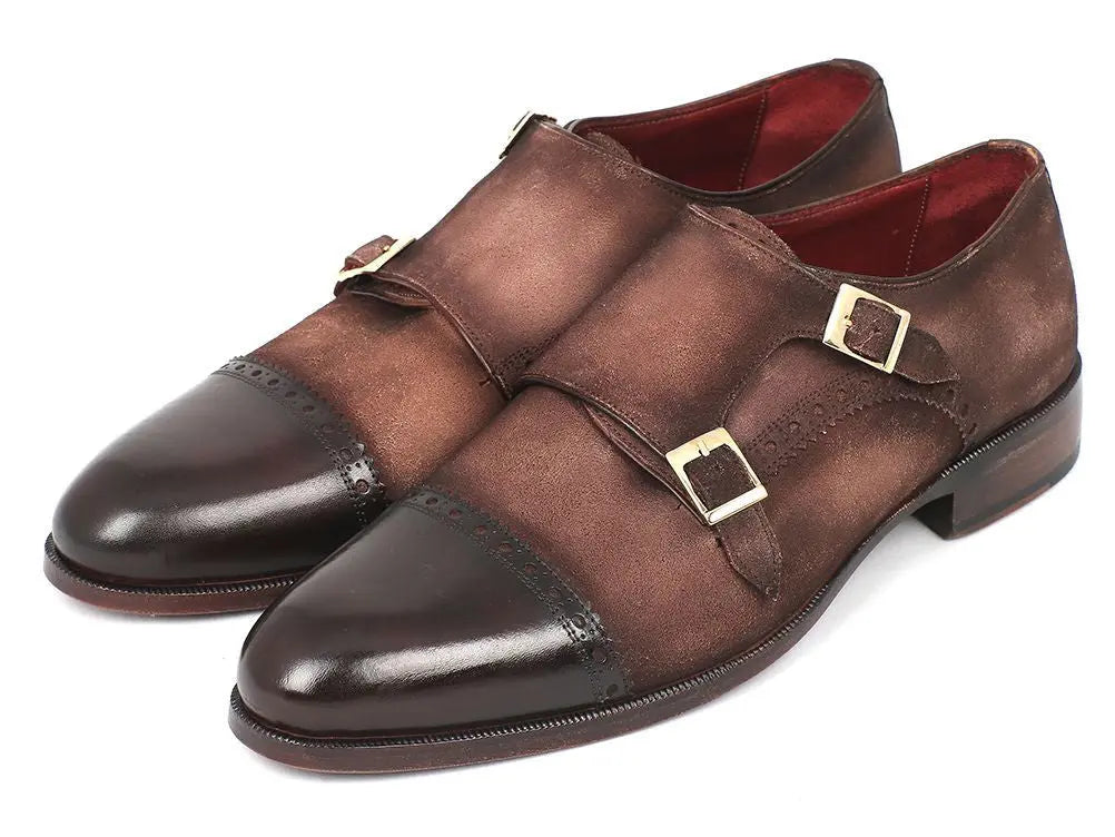 Paul Parkman Men's Brown/Beige Suede Cap-Toe Double Monk strap Shoes (ID#FK09) PAUL PARKMAN