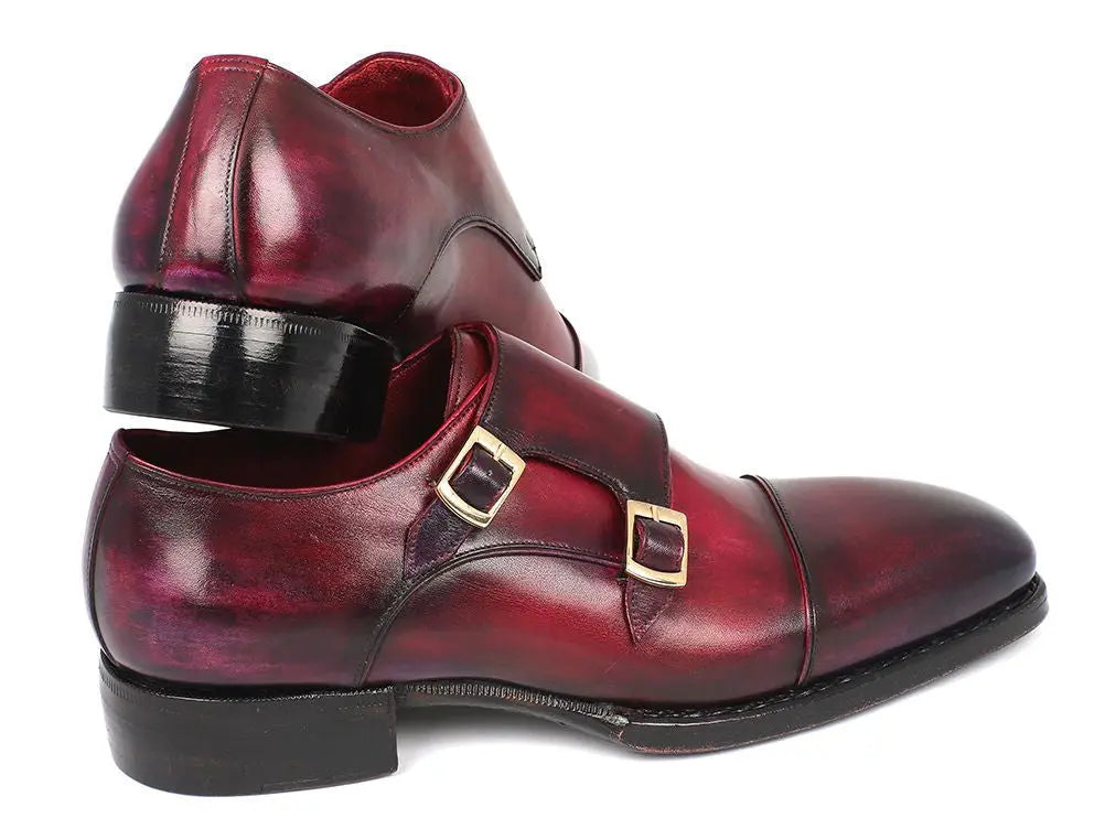 Paul Parkman Men's Purple/Burgundy Triple Genuine Leather Sole Hand-Welted Cap Toe Monk strap Shoes (ID#LX77MNK) PAUL PARKMAN